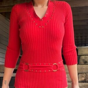 Y2K Vneck Studded Red Ribbed Top